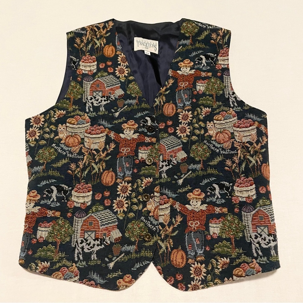 VTG 90s Northern Traditions Fall Tapestry Vest Scarecrow & Pumpkins Medium